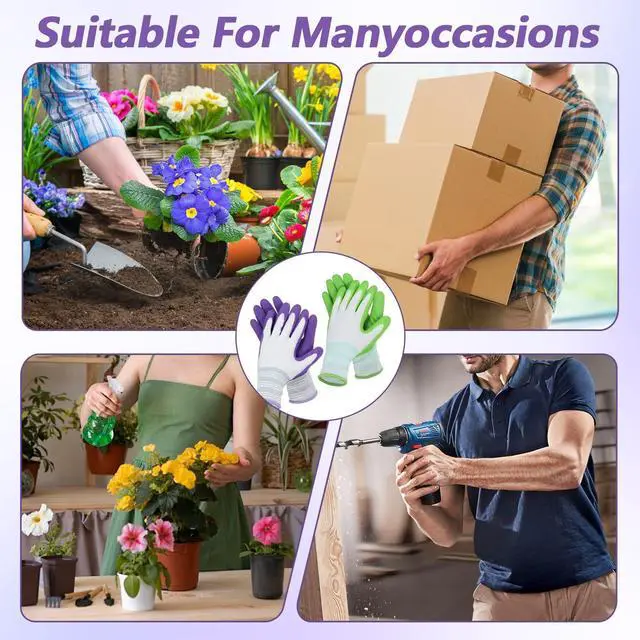 Alt view image 7 of 7 - Aysatogc 2 Pairs Gardening Gloves, Outdoor Work Garden Gloves Breathable Rubber Coated Outdoor Protective Yard Glove with Grip for Women Men Garden Essentials (Green & Purple)