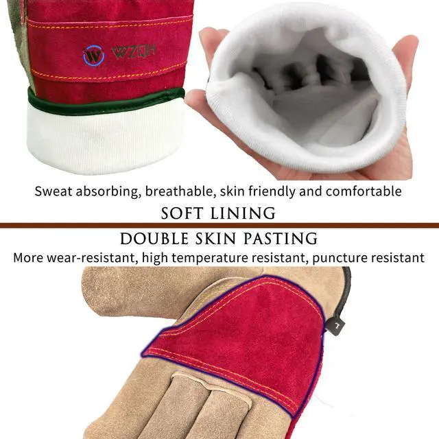 Alt view image 2 of 5 - WZQH Leather Work Gloves for Women or Men, Medium Glove for Gardening, Tig/Mig Welding, Construction, Chainsaw, Farm, Ranch, etc. Cowhide, Cotton Lined, Utility, Firm Grip, Durable. Rose Red - Grey M