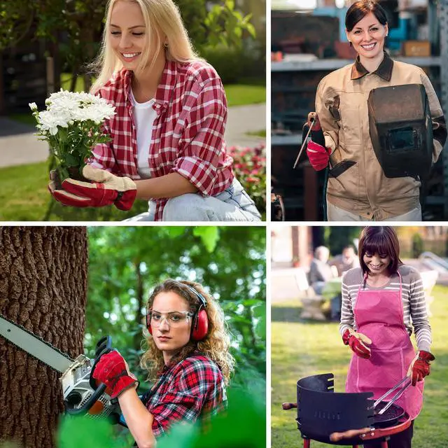 Alt view image 4 of 5 - WZQH Leather Work Gloves for Women or Men, Medium Glove for Gardening, Tig/Mig Welding, Construction, Chainsaw, Farm, Ranch, etc. Cowhide, Cotton Lined, Utility, Firm Grip, Durable. Rose Red - Grey M