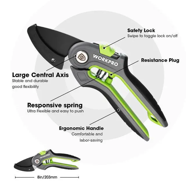 Alt view image 3 of 7 - WORKPRO Pruning Shears, Garden Clippers with SK5 Steel Blades, 8" Anvil