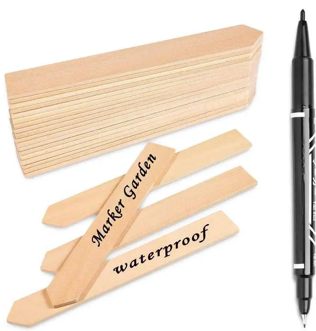 Main image of Whaline 50Pcs Wooden Plant Labels with A Marker Pen Waterproof Pointed Wooden Plant Sign Tags Garden Markers for Outdoor Indoor Garden Seed Potted Herbs Flowers Vegetables (15 x 2 cm)
