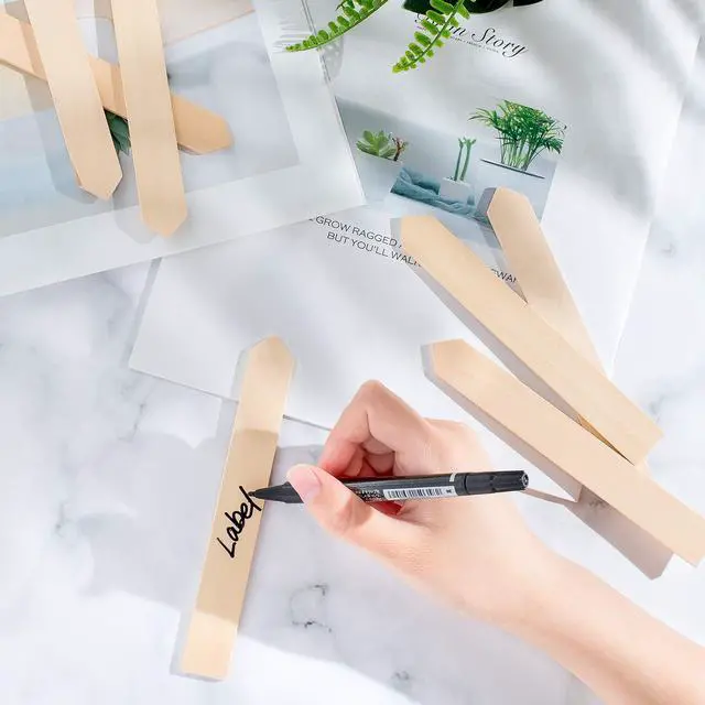 Alt view image 4 of 7 - Whaline 50Pcs Wooden Plant Labels with A Marker Pen Waterproof Pointed Wooden Plant Sign Tags Garden Markers for Outdoor Indoor Garden Seed Potted Herbs Flowers Vegetables (15 x 2 cm)