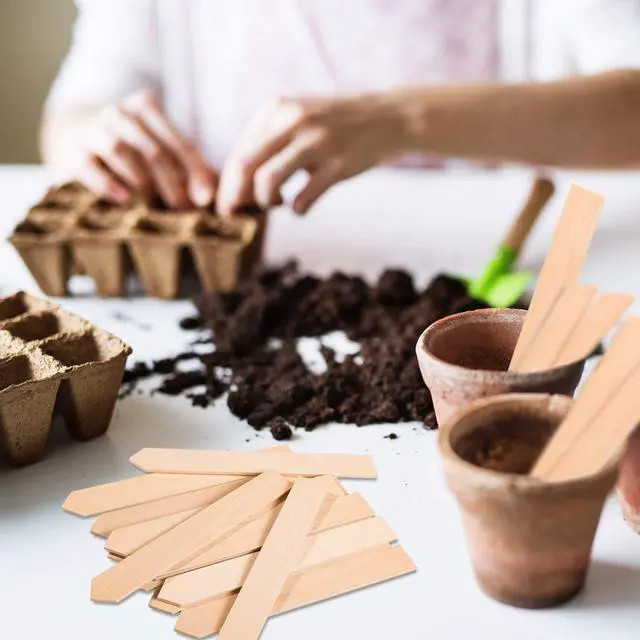 Alt view image 6 of 7 - Whaline 50Pcs Wooden Plant Labels with A Marker Pen Waterproof Pointed Wooden Plant Sign Tags Garden Markers for Outdoor Indoor Garden Seed Potted Herbs Flowers Vegetables (15 x 2 cm)