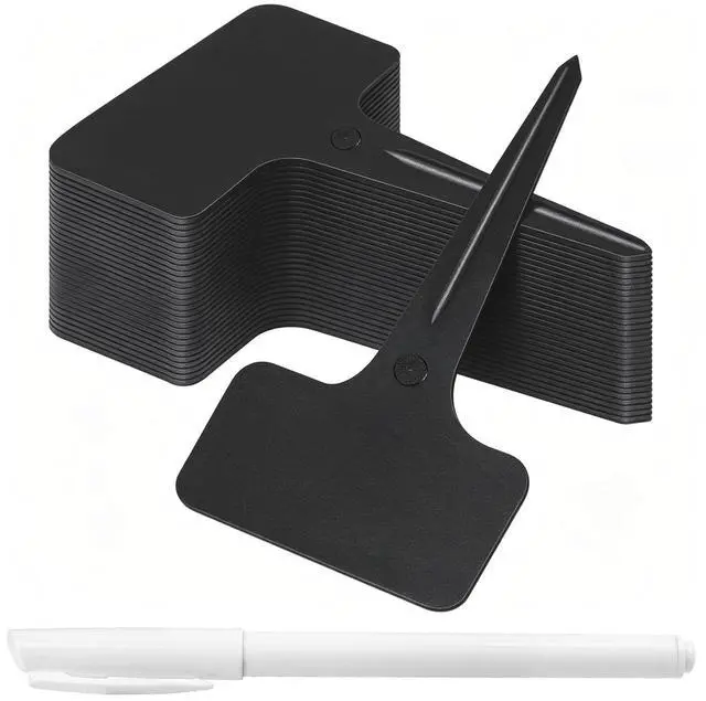 Main image of Whaline 100 Pcs Plastic Plant Labels Black T-Type Garden Stake Tags Waterproof Plant Markers Reusable Plants Signs for Outdoor Indoor Nursery Potted Plants Seed with A White Marker Pen (6 x 10 cm)
