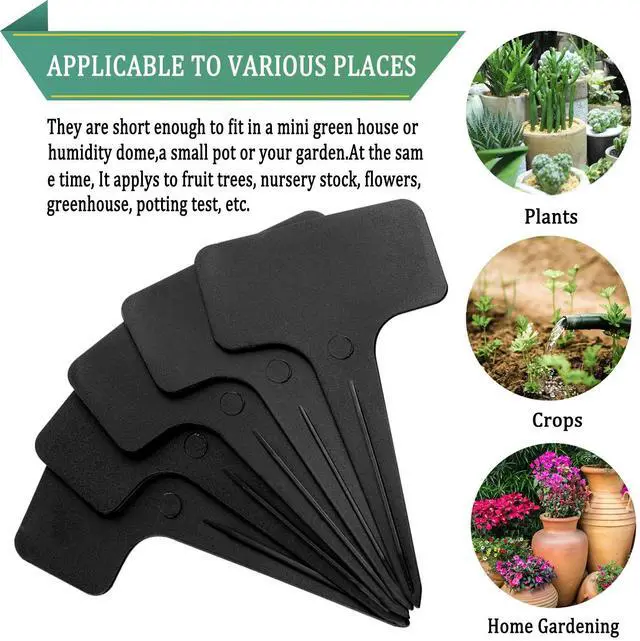 Alt view image 3 of 6 - Whaline 100 Pcs Plastic Plant Labels Black T-Type Garden Stake Tags Waterproof Plant Markers Reusable Plants Signs for Outdoor Indoor Nursery Potted Plants Seed with A White Marker Pen (6 x 10 cm)