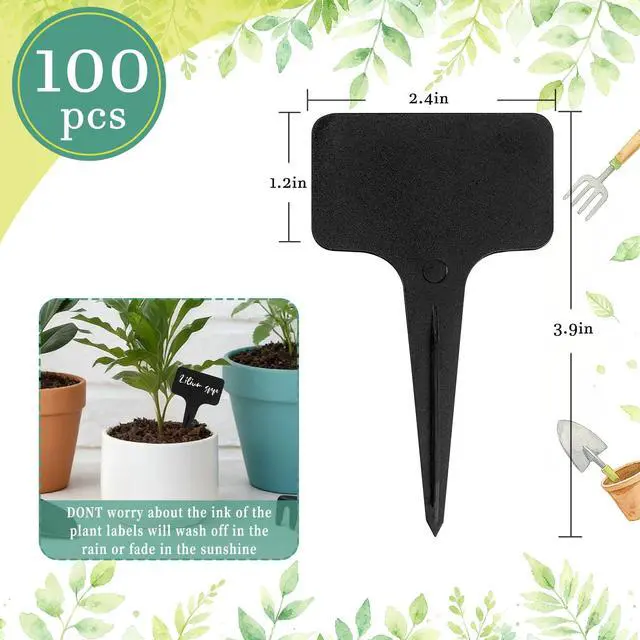 Alt view image 2 of 6 - Whaline 100 Pcs Plastic Plant Labels Black T-Type Garden Stake Tags Waterproof Plant Markers Reusable Plants Signs for Outdoor Indoor Nursery Potted Plants Seed with A White Marker Pen (6 x 10 cm)