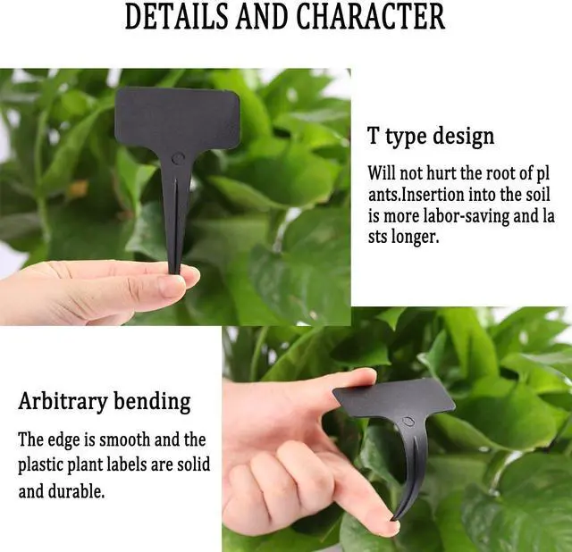 Alt view image 4 of 6 - Whaline 100 Pcs Plastic Plant Labels Black T-Type Garden Stake Tags Waterproof Plant Markers Reusable Plants Signs for Outdoor Indoor Nursery Potted Plants Seed with A White Marker Pen (6 x 10 cm)