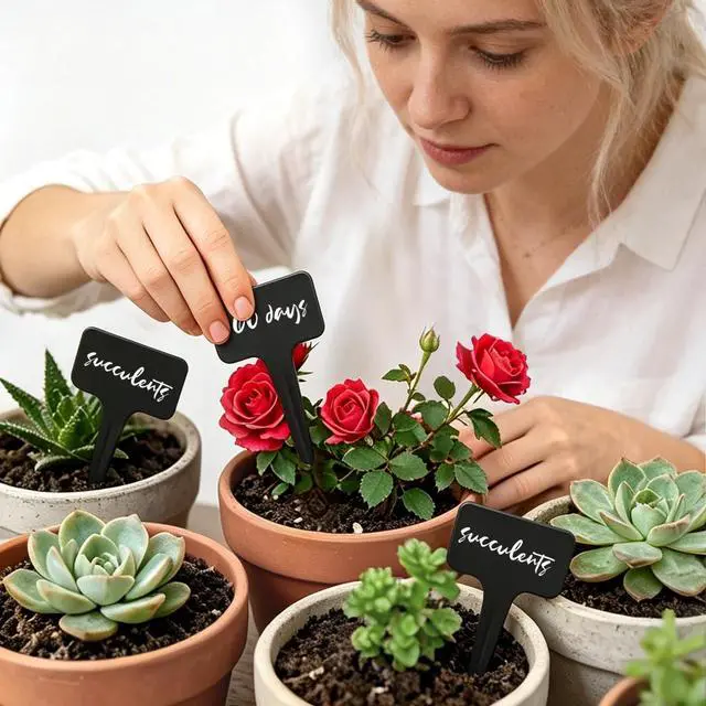 Alt view image 5 of 6 - Whaline 100 Pcs Plastic Plant Labels Black T-Type Garden Stake Tags Waterproof Plant Markers Reusable Plants Signs for Outdoor Indoor Nursery Potted Plants Seed with A White Marker Pen (6 x 10 cm)