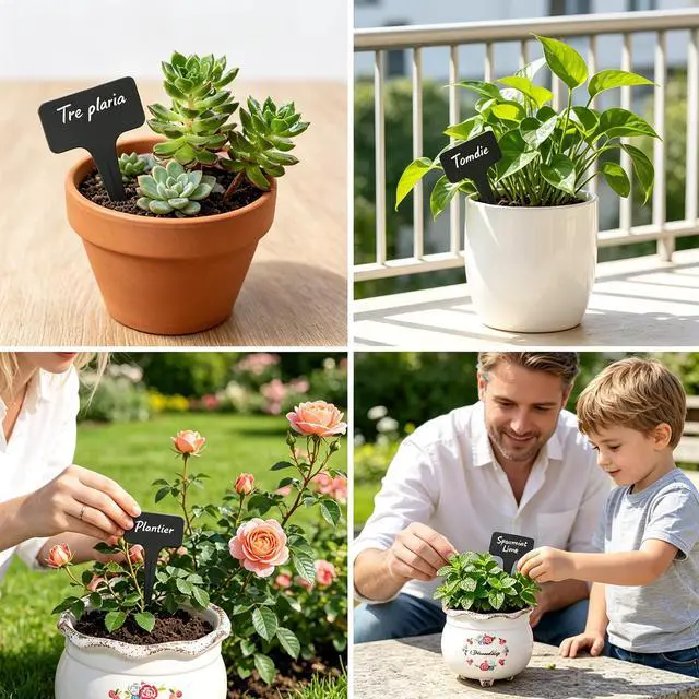 Alt view image 6 of 6 - Whaline 100 Pcs Plastic Plant Labels Black T-Type Garden Stake Tags Waterproof Plant Markers Reusable Plants Signs for Outdoor Indoor Nursery Potted Plants Seed with A White Marker Pen (6 x 10 cm)