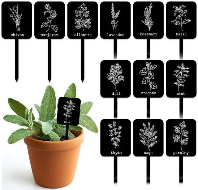 Main image of Whaline 24 Pcs Acrylic Plant Label Signs Garden Herb Markers, Black