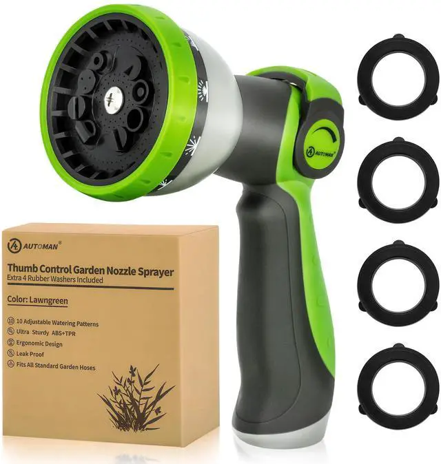 Main image of AUTOMAN Garden Hose Nozzle Sprayer - 10 Spray Patterns, Thumb Control On Off Valve, Durable Water Nozzle, Extra 4 Washers, for Watering Garden, Cleaning, Washing Car, Showering Pets Lawngreen