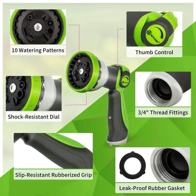 Alt view image 3 of 7 - AUTOMAN Garden Hose Nozzle Sprayer - 10 Spray Patterns, Thumb Control On Off Valve, Durable Water Nozzle, Extra 4 Washers, for Watering Garden, Cleaning, Washing Car, Showering Pets Lawngreen
