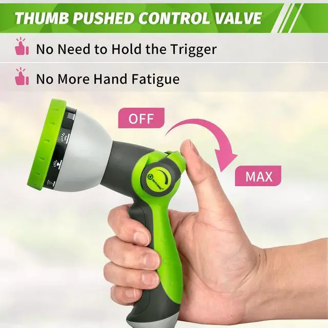 Alt view image 4 of 7 - AUTOMAN Garden Hose Nozzle Sprayer - 10 Spray Patterns, Thumb Control On Off Valve, Durable Water Nozzle, Extra 4 Washers, for Watering Garden, Cleaning, Washing Car, Showering Pets Lawngreen