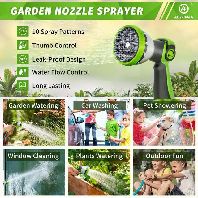 Alt view image 5 of 7 - AUTOMAN Garden Hose Nozzle Sprayer - 10 Spray Patterns, Thumb Control On Off Valve, Durable Water Nozzle, Extra 4 Washers, for Watering Garden, Cleaning, Washing Car, Showering Pets Lawngreen
