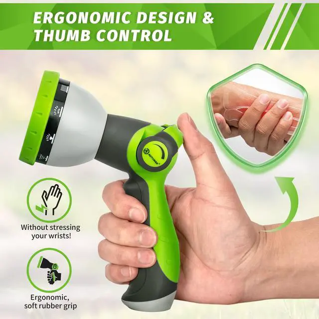 Alt view image 6 of 7 - AUTOMAN Garden Hose Nozzle Sprayer - 10 Spray Patterns, Thumb Control On Off Valve, Durable Water Nozzle, Extra 4 Washers, for Watering Garden, Cleaning, Washing Car, Showering Pets Lawngreen