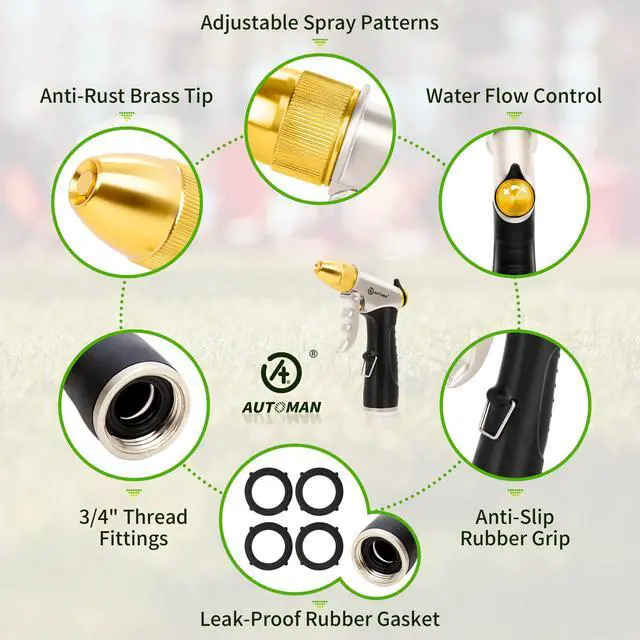 Alt view image 3 of 7 - AUTOMAN Metal Hose Nozzle, High Pressure Garden Hose Sprayer, 100% Metal Water Hose Nozzle, Adjustable Watering Nozzle, Heavy Duty Garden Nozzle for Watering Plants & Lawns, Washing Cars & Pets