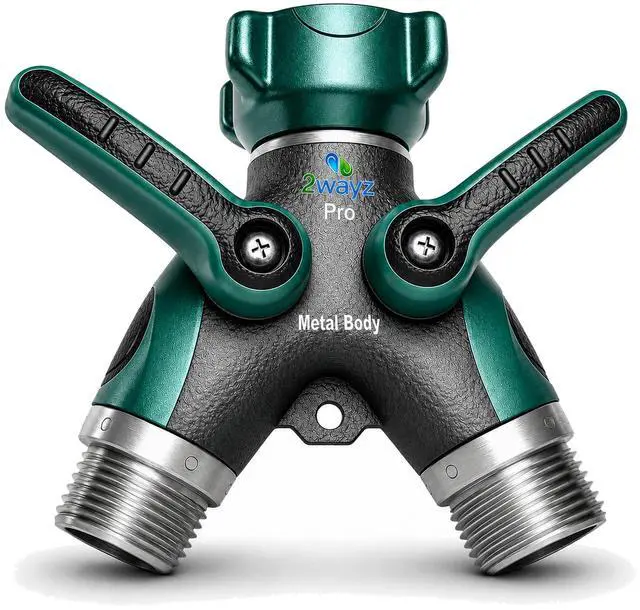 Main image of 2WAYZ Hose Splitter 2 Way Heavy Duty Outdoor Faucet and Garden Connector - Water Spigot Splitter - Durable All-Metal Y Adapter with Shut-Off Valve - 4 x 4 x 1.5 Inches
