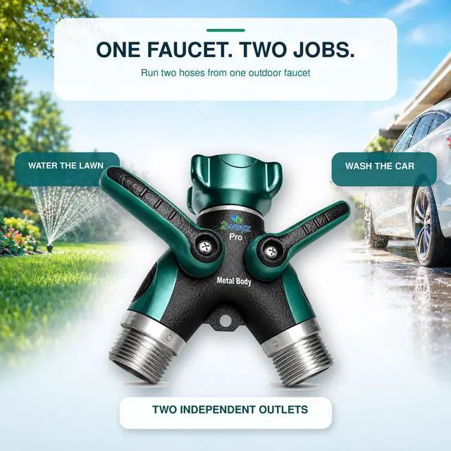 Alt view image 2 of 7 - 2WAYZ Hose Splitter 2 Way Heavy Duty Outdoor Faucet and Garden Connector - Water Spigot Splitter - Durable All-Metal Y Adapter with Shut-Off Valve - 4 x 4 x 1.5 Inches