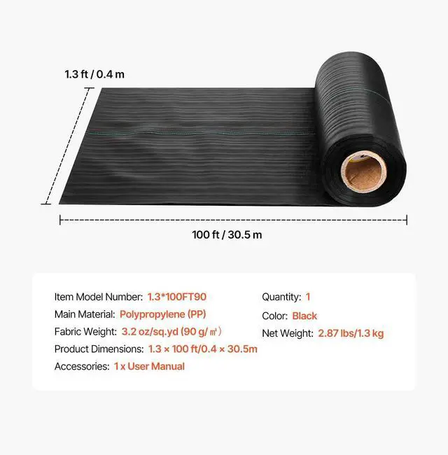 Alt view image 7 of 7 - VEVOR Weed Barrier Fabric Heavy Duty, 1.3x100FT 3.2oz Landscape Fabric, Woven Weed Blocker Fabrics, Garden Fabrics Weeds Barrier, Weeds Control Ground Cover, Geotextile Webbing, Gardening Mat, Black
