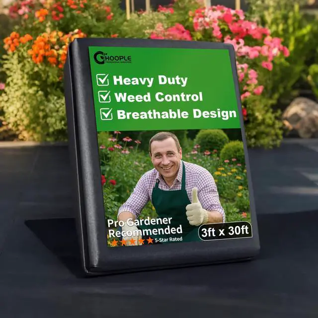 Main image of HOOPLE 3ft x 30ft Heavy Duty Weed Barrier Landscape Fabric Commercial Grade Non Woven Ground Cover for Weed Control, Garden, Driveway & Erosion Prevention High Permeability & Easy to Cut