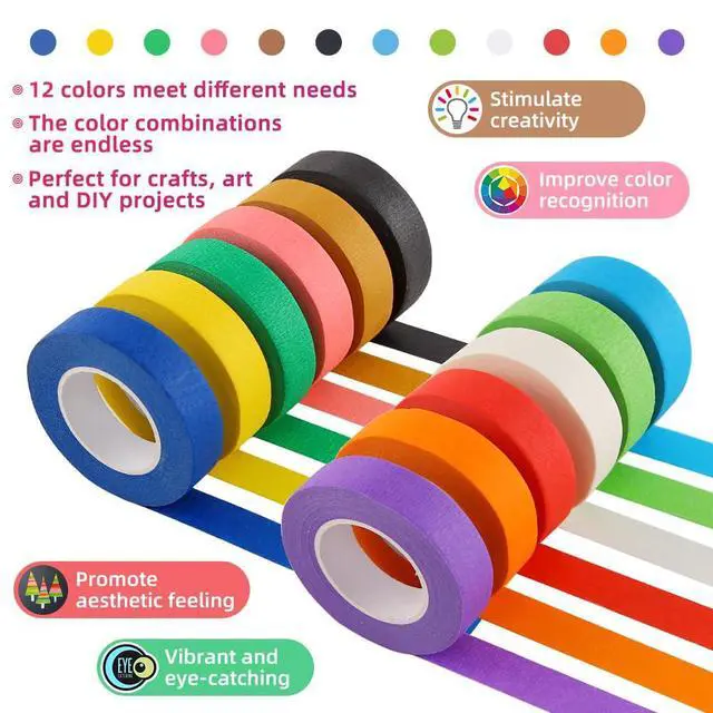 Alt view image 2 of 6 - Colored Masking Tape, Rainbow Colors Painters Tape Colorful Craft Art Paper Tape for Labeling Arts Crafts DIY Decorative Coding Decoration Teaching Supplies, 12 Rolls, 0.6Inch Wide x 25Yards Long