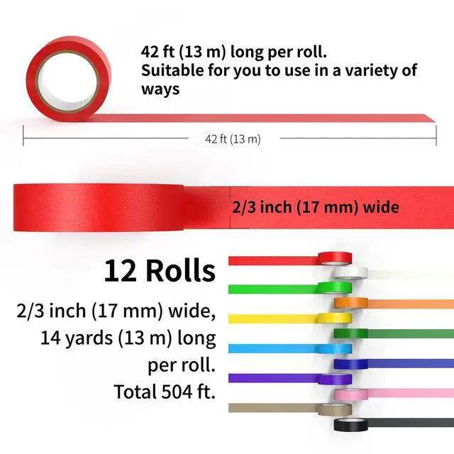 Alt view image 2 of 7 - CHIYUNS Colored Masking Tape, Color Painters Tape for Kids, 12 Rolls 2/3 inch Wide x 14 Yards Each, Colorful Paper Tapes Rainbow Colors for Labeling Packing, Painter Tape Variety Pack, Craft Tape