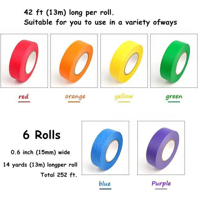 Alt view image 3 of 7 - 6 Rolls Colored Masking Tapecolored painters tape0.6" x14.3Yard Drafting Tape,Colored Painters Tape for Arts and CraftsLabeling Tape, Paper Tape,DIY Decorative Coding Decoration Teaching Supplies