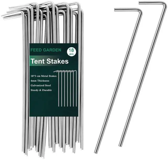 Main image of FEED GARDEN 7 Inch Tent Stakes 18 Pack Yard Inflatable Stakes for Outdoor Decorations Metal Pegs Heavy Duty Garden Hooks Camping Tent Spikes for Canopies, Tarp and Outdoor Christmas Decorations