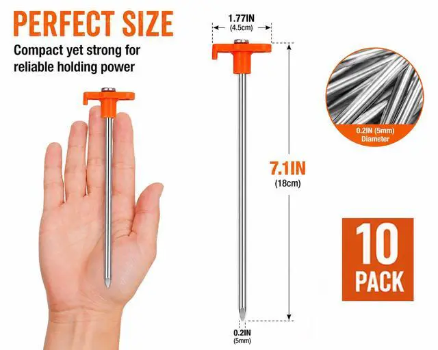 Alt view image 2 of 7 - Fcviacy 7.1IN Heavy Duty Tent Stakes, 10 Pack Rust Resistant Galvanized Steel Ground Stakes with High Visibility Orange T-Head for Camping Tents, Tarps & Canopies