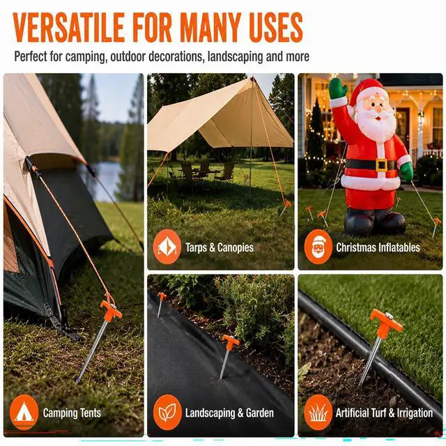 Alt view image 6 of 7 - Fcviacy 7.1IN Heavy Duty Tent Stakes, 10 Pack Rust Resistant Galvanized Steel Ground Stakes with High Visibility Orange T-Head for Camping Tents, Tarps & Canopies