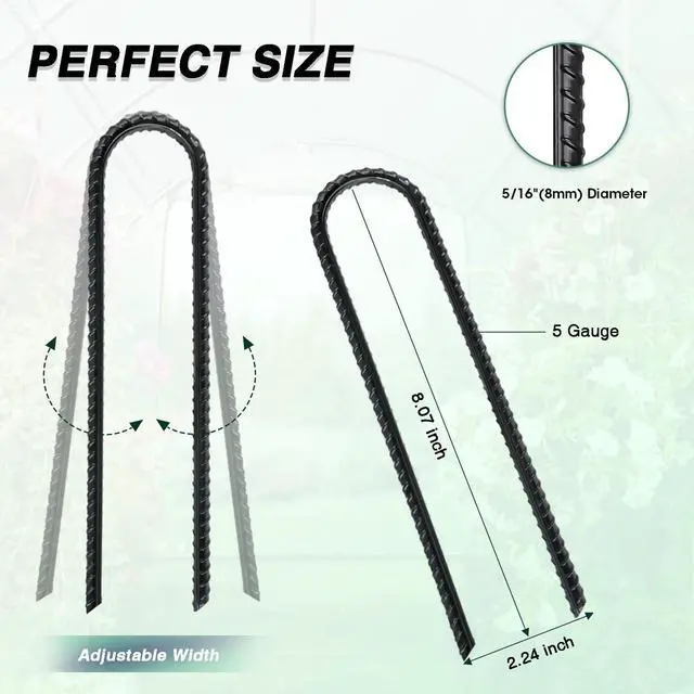 Alt view image 2 of 7 - 8 Inch Rebar Stakes Heavy Duty, 10 Pack Garden Stake U-Hook, Electrostatic Rust Proof Metal Stakes for Tent, Landscape,Outdoor Decorations, Fabric Ground Cover, Tube Fixing
