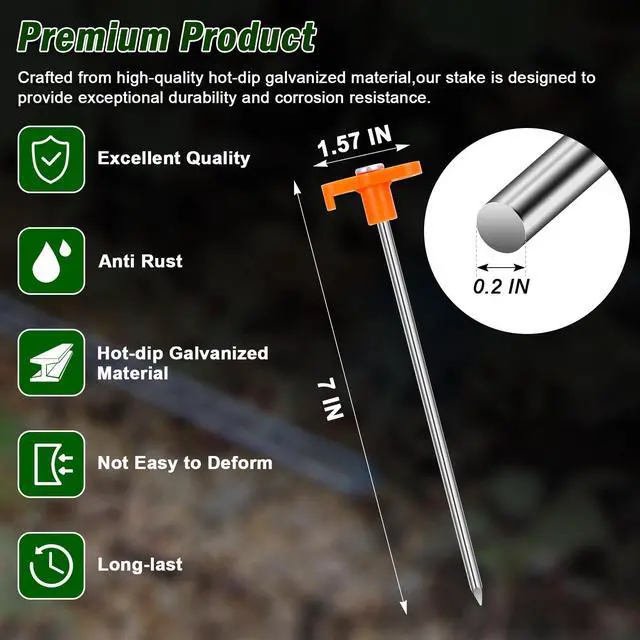 Alt view image 2 of 7 - FEED GARDEN Heavy Duty Tent Stakes 7 Inch, 10 Pack Galvanized Steel Camping Pegs, Ground Anchors for Tents, Canopy and Tarp, Rust Resistant Metal Stakes with High Visibility Orange Heads for Outdoor