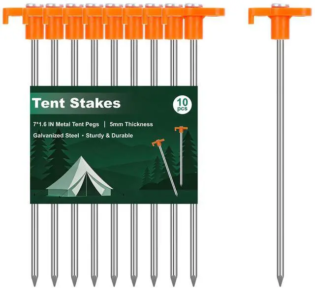 Main image of FEED GARDEN Heavy Duty Tent Stakes 7 Inch, 10 Pack Galvanized Steel Camping Pegs, Ground Anchors for Tents, Canopy and Tarp, Rust Resistant Metal Stakes with High Visibility Orange Heads for Outdoor