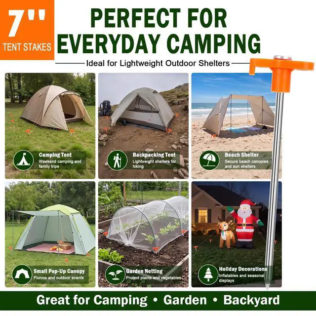 Alt view image 6 of 7 - FEED GARDEN Heavy Duty Tent Stakes 7 Inch, 10 Pack Galvanized Steel Camping Pegs, Ground Anchors for Tents, Canopy and Tarp, Rust Resistant Metal Stakes with High Visibility Orange Heads for Outdoor