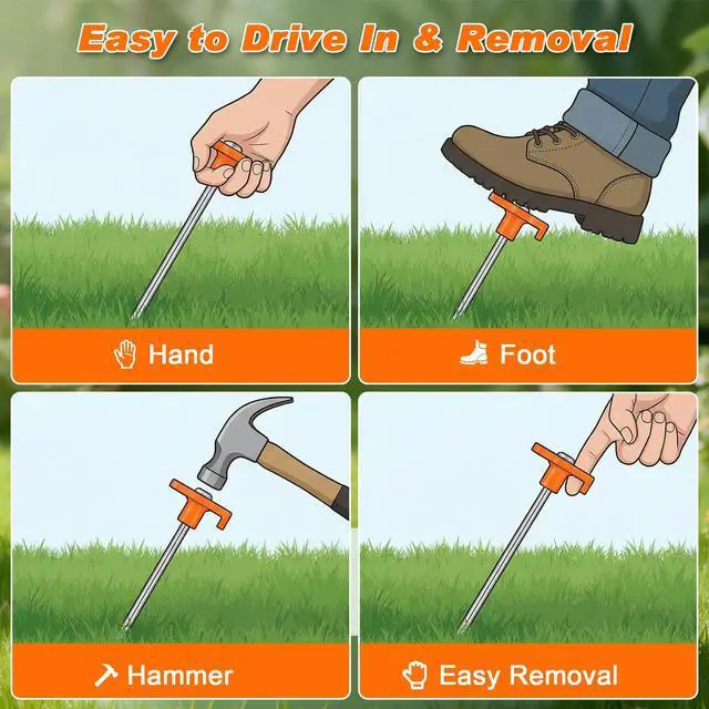 Alt view image 7 of 7 - FEED GARDEN Heavy Duty Tent Stakes 7 Inch, 10 Pack Galvanized Steel Camping Pegs, Ground Anchors for Tents, Canopy and Tarp, Rust Resistant Metal Stakes with High Visibility Orange Heads for Outdoor