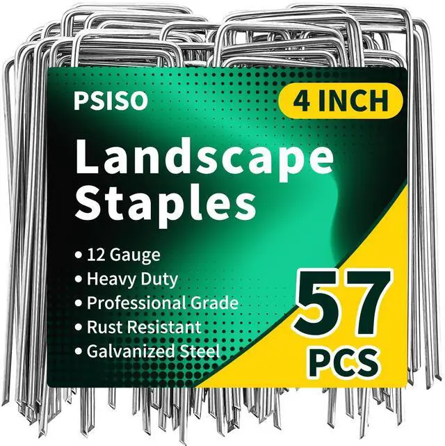 Main image of PSISO 57 Pack 4 Inch Galvanized U-Shaped Garden Stakes Landscape Staples, 12 Gauge Heavy Duty Tent Stakes Ground Yard Lawn Pins for Landscaping, Weed Barrier Fabric, Fencing, Outdoor Decor