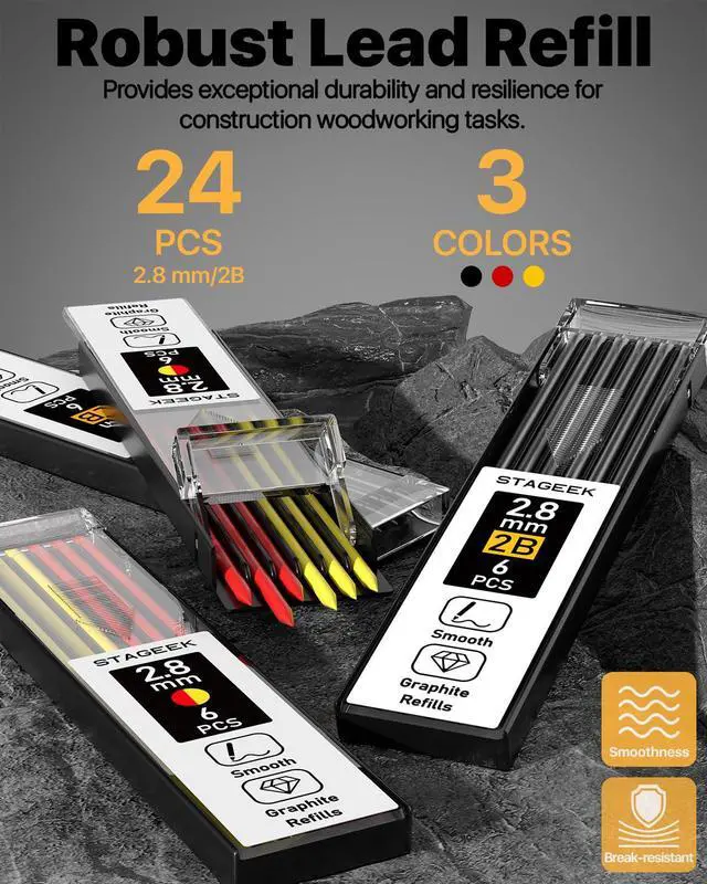 Alt view image 5 of 7 - STAGEEK 2.8mm Carpenter Pencils with Sharpener, 2-Pack, Storage Case