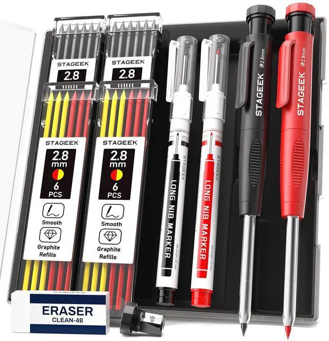 Main image of STAGEEK 2.8mm Carpenter Pencils with Sharpener, 2-Pack, Storage Case
