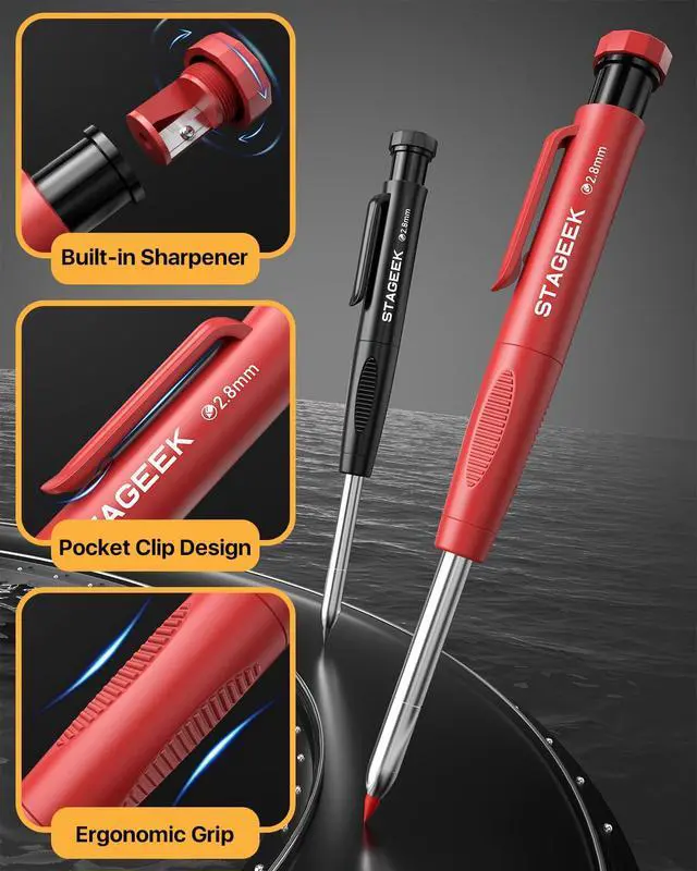 Alt view image 6 of 7 - STAGEEK 2.8mm Carpenter Pencils with Sharpener, 2-Pack, Storage Case