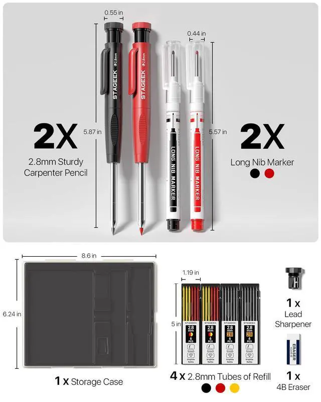 Alt view image 7 of 7 - STAGEEK 2.8mm Carpenter Pencils with Sharpener, 2-Pack, Storage Case