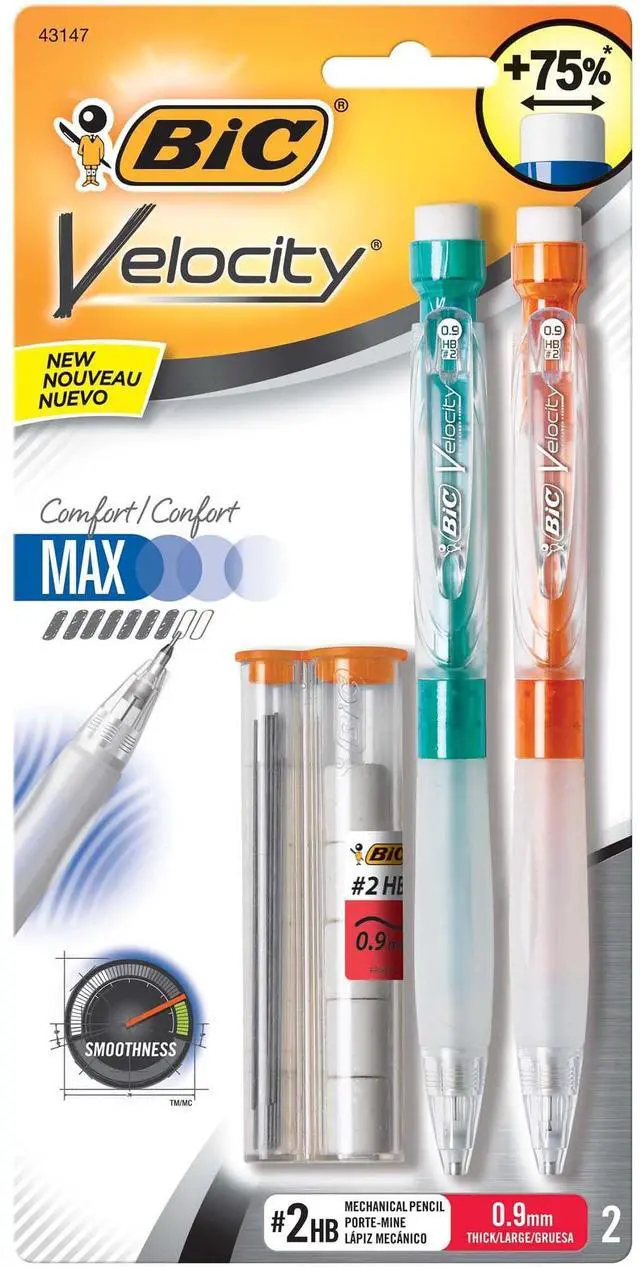 Main image of BIC® Velocity Max Mechanical Pencils, Thick Point, 0.9 mm, #2 HB Lead, Assorted Barrel Colors, Pack Of 2