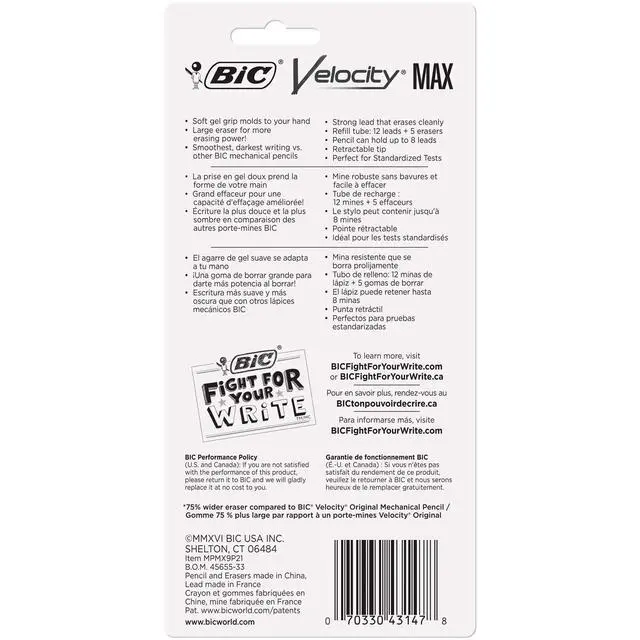 Alt view image 2 of 6 - BIC® Velocity Max Mechanical Pencils, Thick Point, 0.9 mm, #2 HB Lead, Assorted Barrel Colors, Pack Of 2