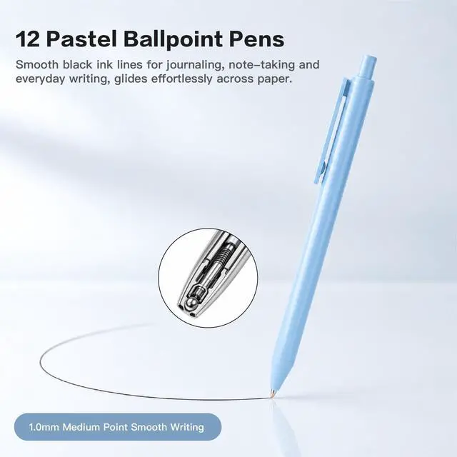 Alt view image 2 of 7 - WY WENYUAN 12-Pcs Ballpoint Pens, Comfortable Writing Pens, Pastel Retractable Pretty Journaling Black Ink Medium Point 1.0 mm Gift Pen, Cute Pens Office Supplies for Women