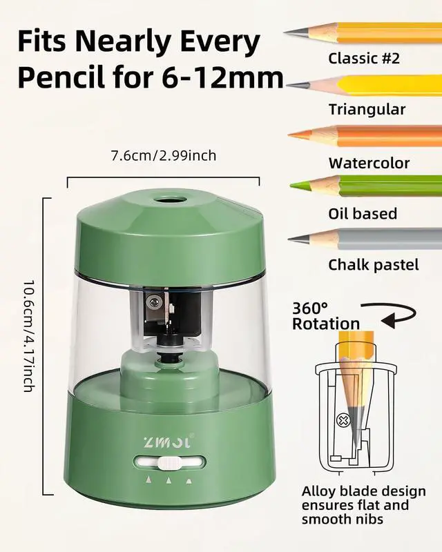 Alt view image 2 of 7 - ZMOL Electric Pencil Sharpener Battery Powered, 6-12mm Jumbo Pencils,Green