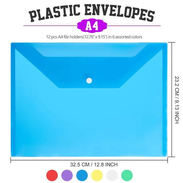 Alt view image 2 of 7 - LEOBRO Plastic File Folders, 12 PCS A4 Plastic Envelopes with Snap Closure, Folders for Document, Reusable File Bags, Document Holder, for School Office