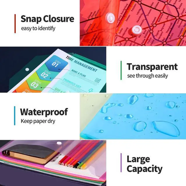 Alt view image 3 of 7 - LEOBRO Plastic File Folders, 12 PCS A4 Plastic Envelopes with Snap Closure, Folders for Document, Reusable File Bags, Document Holder, for School Office