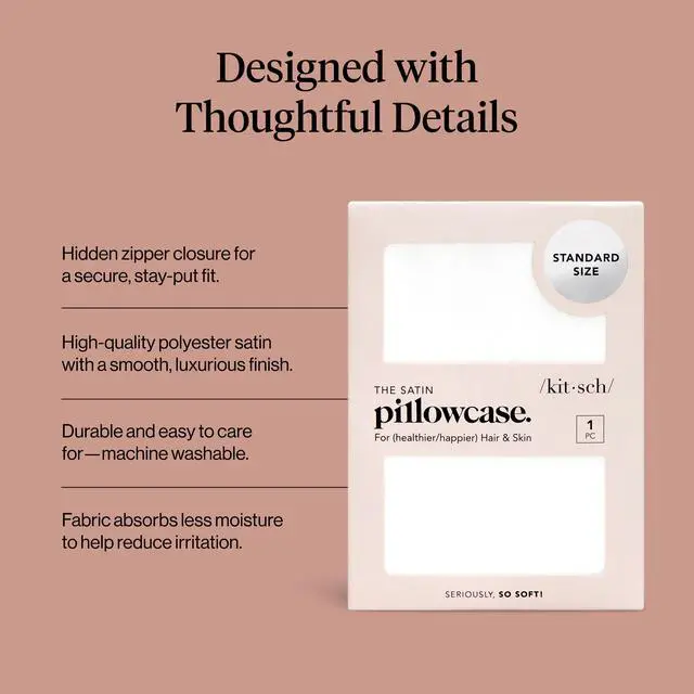 Alt view image 3 of 7 - Kitsch Satin Pillowcase with Zipper for Hair & Skin - Softer Than Silk Pillow Cases, Smooth Cooling Satin Pillow Case, Wrinkle-Free, Machine Washable - Pillow Cases Standard Size (19x26) - Ivory