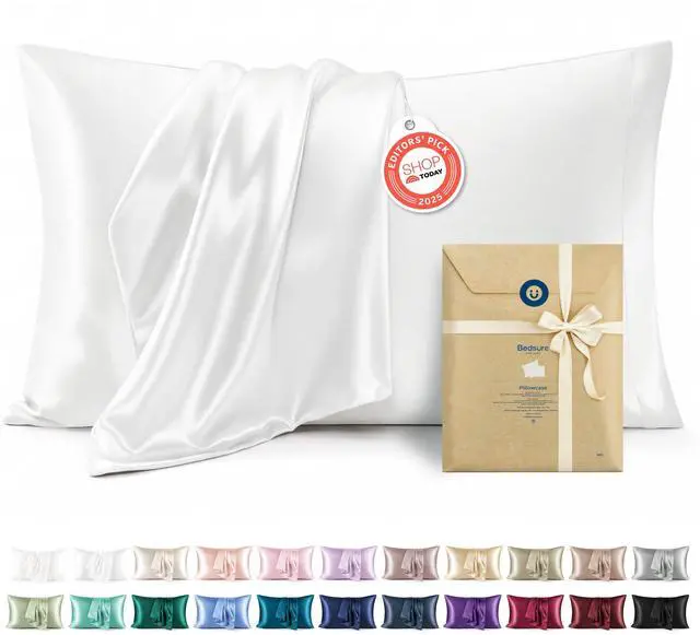 Main image of Bedsure Satin Pillowcase 2 Pack Similar to Silk Pillow Cases Standard Size, Pillow Case for Sleeping Women with Envelope Closure, Gifts for Women Men, Pure White, 20x26 Inches, 2pcs