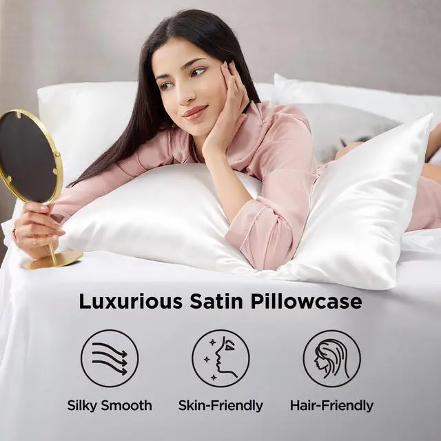 Alt view image 2 of 7 - Bedsure Satin Pillowcase 2 Pack Similar to Silk Pillow Cases Standard Size, Pillow Case for Sleeping Women with Envelope Closure, Gifts for Women Men, Pure White, 20x26 Inches, 2pcs