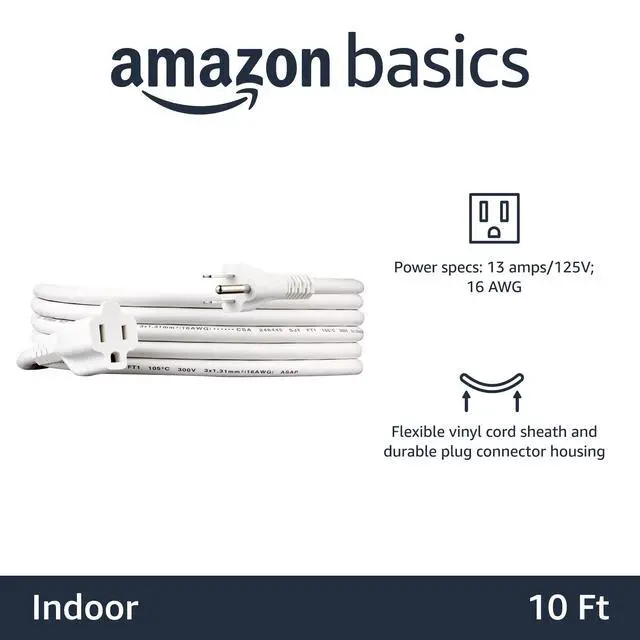 Alt view image 2 of 4 - Extension Cord, 10 Ft, 3-Prong Outlet Extender, Indoor Use, 13 Amps, 125V, White